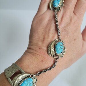 Vtg Navajo Sterling Silver Cuff Harem Slave Bracelet Turquoise Hand Chain & Ring